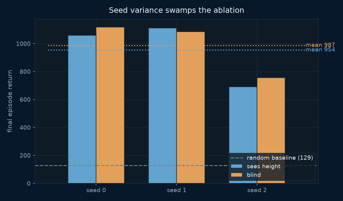 Seed variance dwarfs the ablation